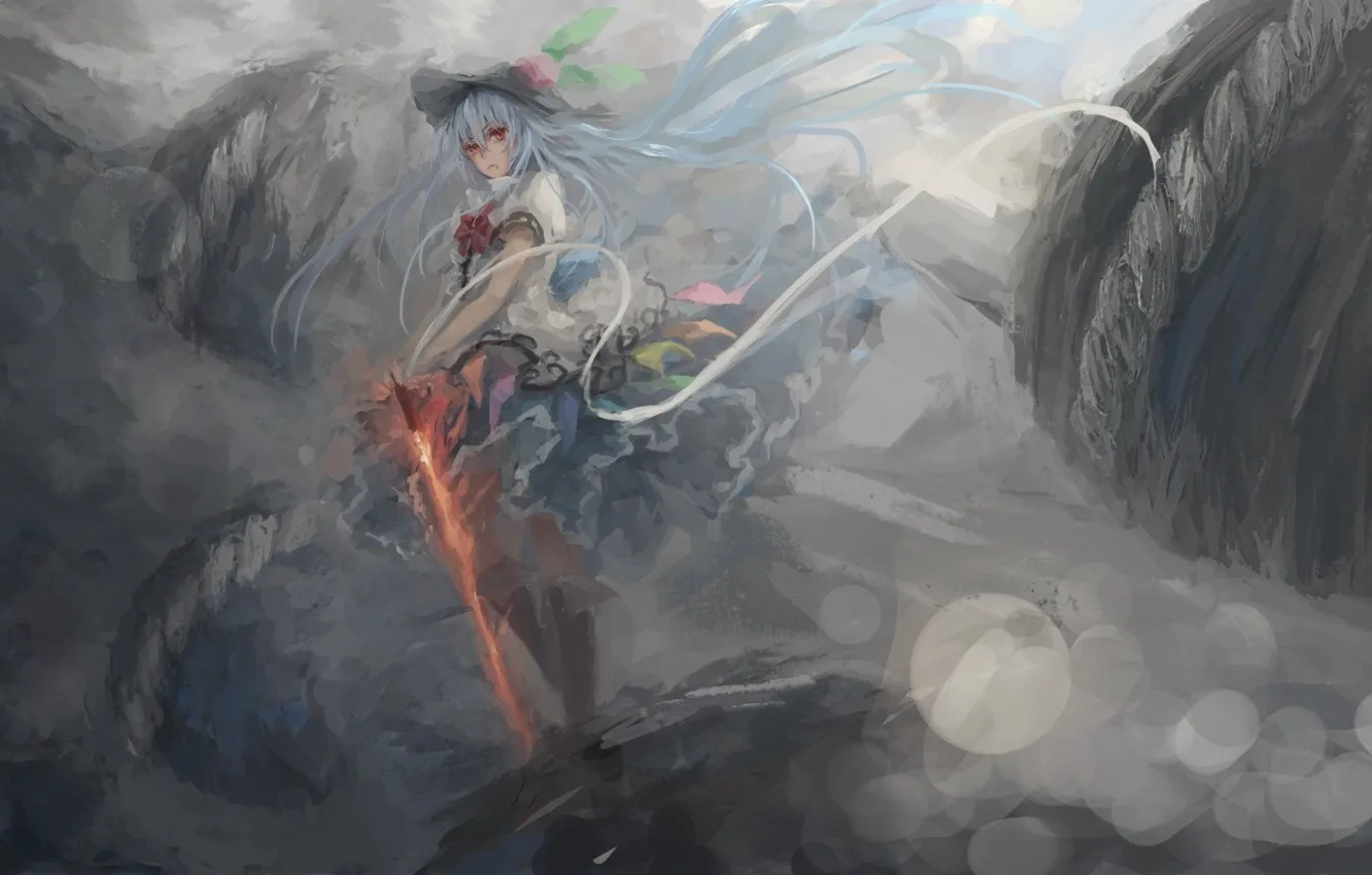 Фото обои туман, магия, меч, шляпа, серый фон, Hinanawi Tenshi, touhou, голубые волосы