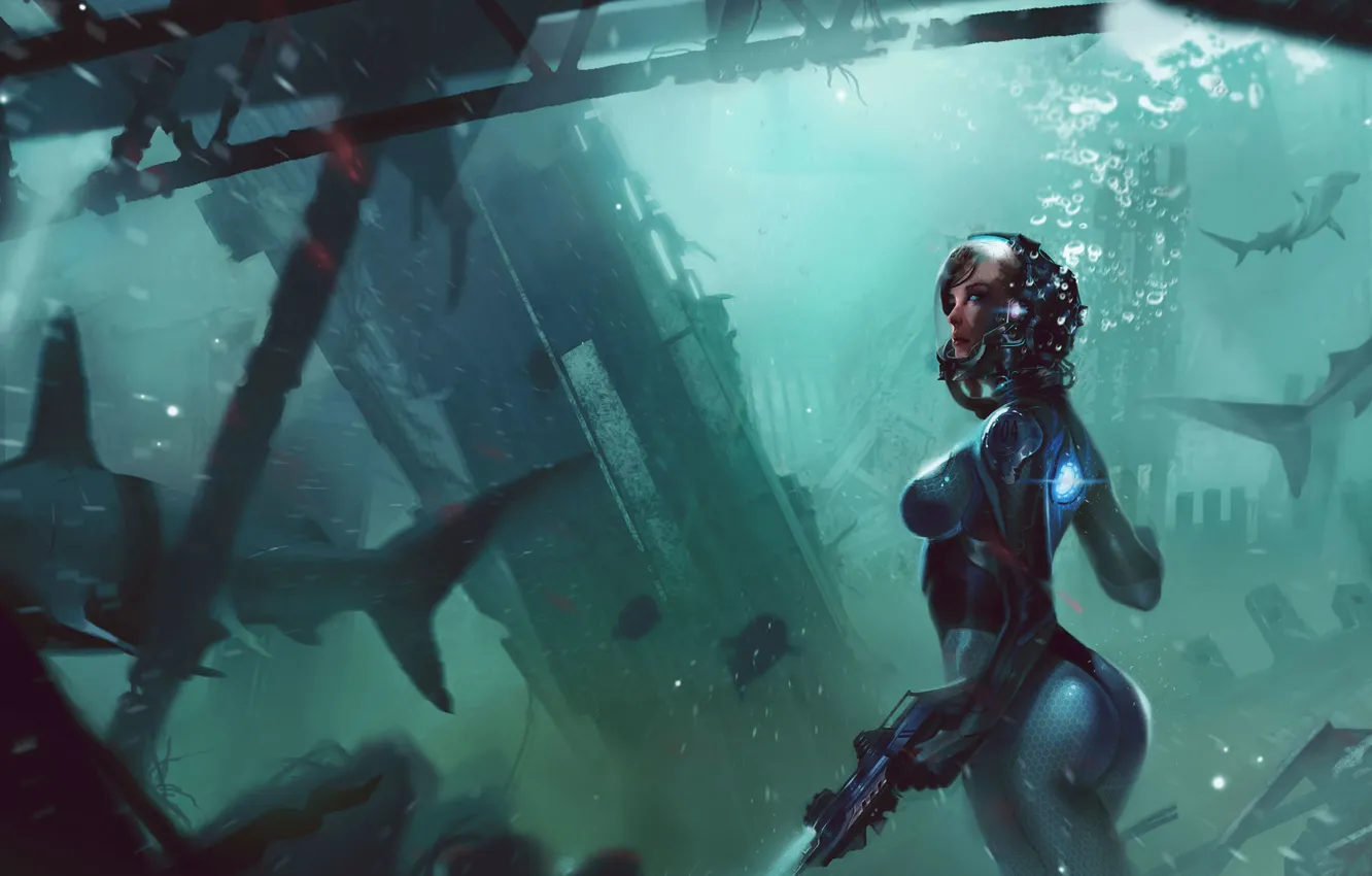 Фото обои море, девушка, рыбы, оружие, арт, акулы, под водой, акваланг