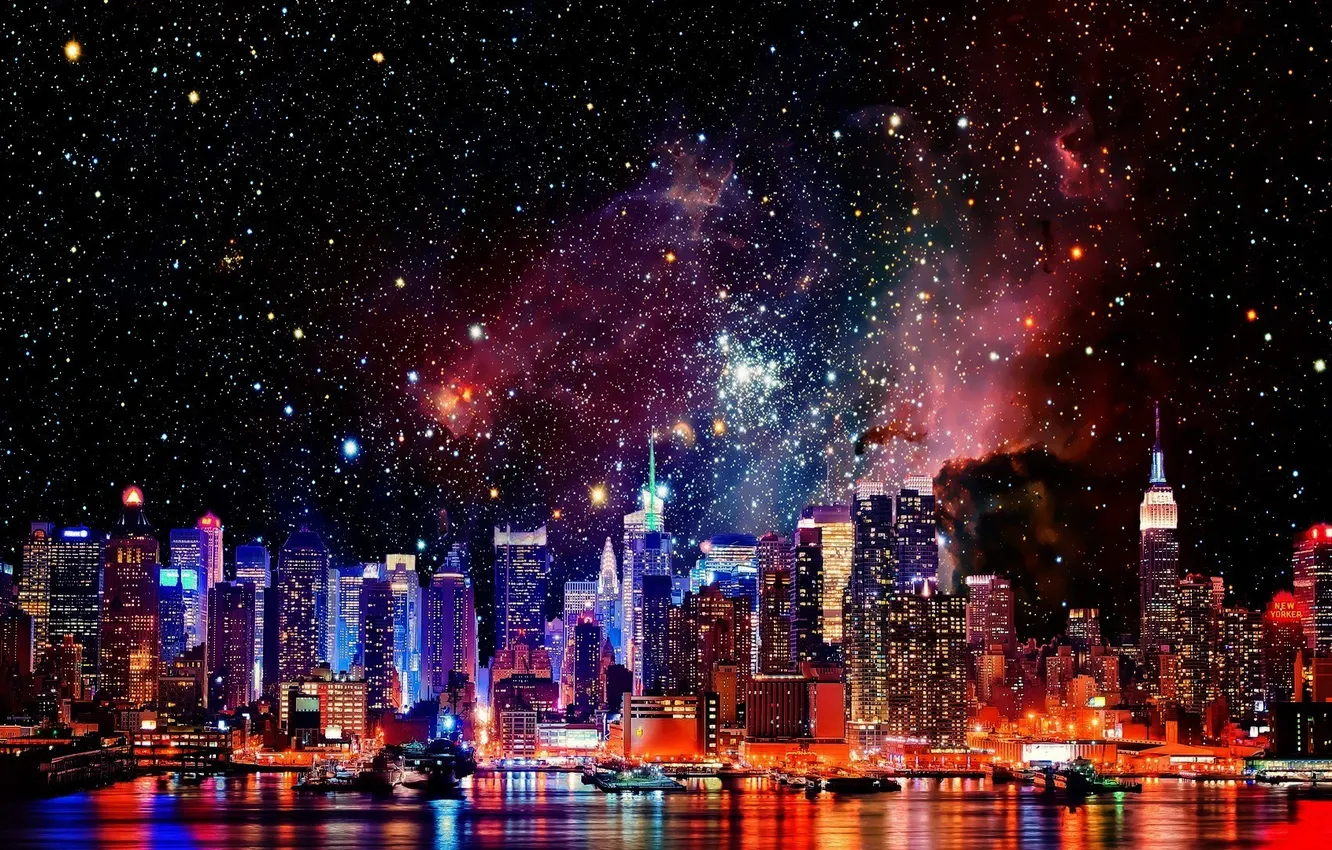 Фото обои звезды, ночь, здания, Нью-Йорк, небоскребы