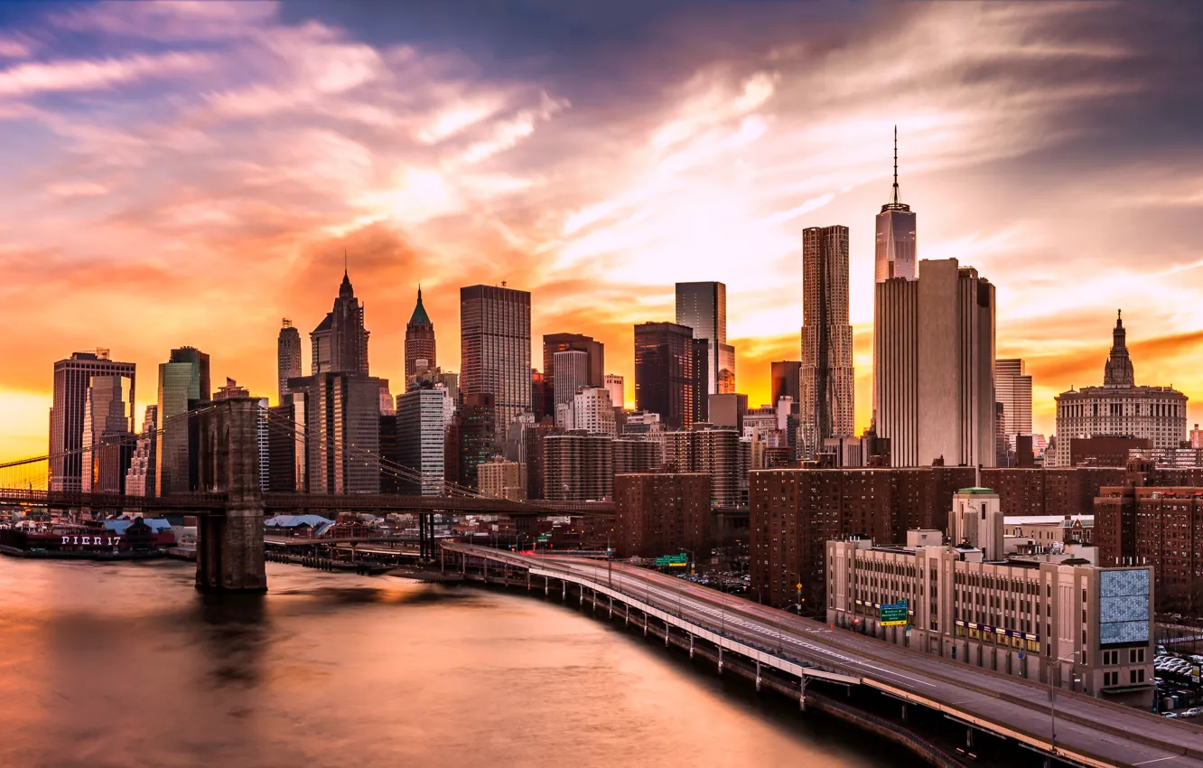 Фото обои lights, USA, river, sky, bridge, sunset, New York, Manhattan