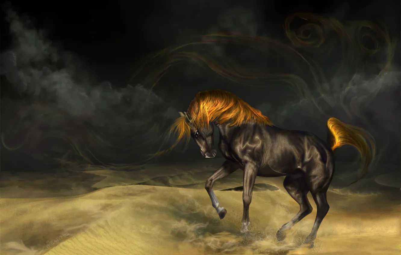 Фото обои песок, конь, лошадь, буря, арт, грива, вороной, masterBo