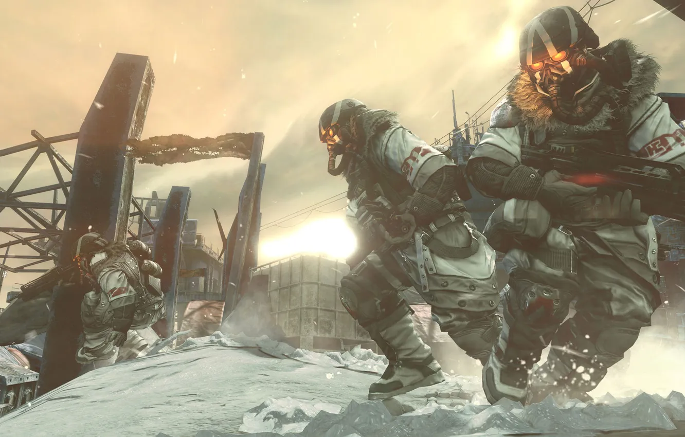 Фото обои зима, снег, оружие, маска, автомат, солдаты, killzone 3