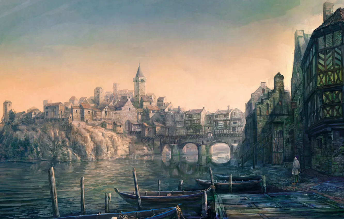 Фото обои город, лодки, причал, Ведьмак, The Witcher 3: Wild Hunt