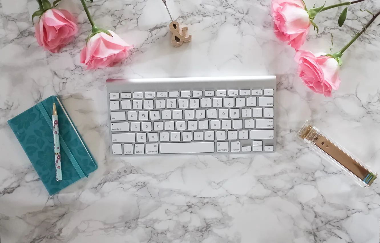 Фото обои розы, ручка, блокнот, pink, flowers, roses, keyboard, marble