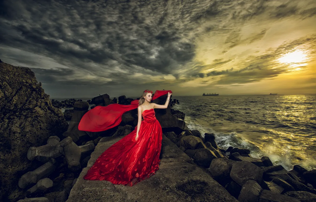 Фото обои море, девушка, украшения, закат, стиль, камни, платье, азиатка
