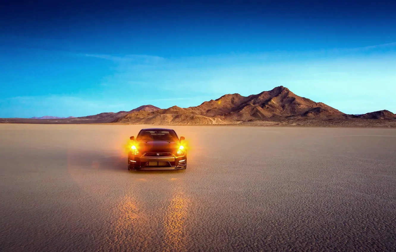 Фото обои Пустыня, Машина, Свет, Ниссан, Nissan, GT-R, Фары, Edition