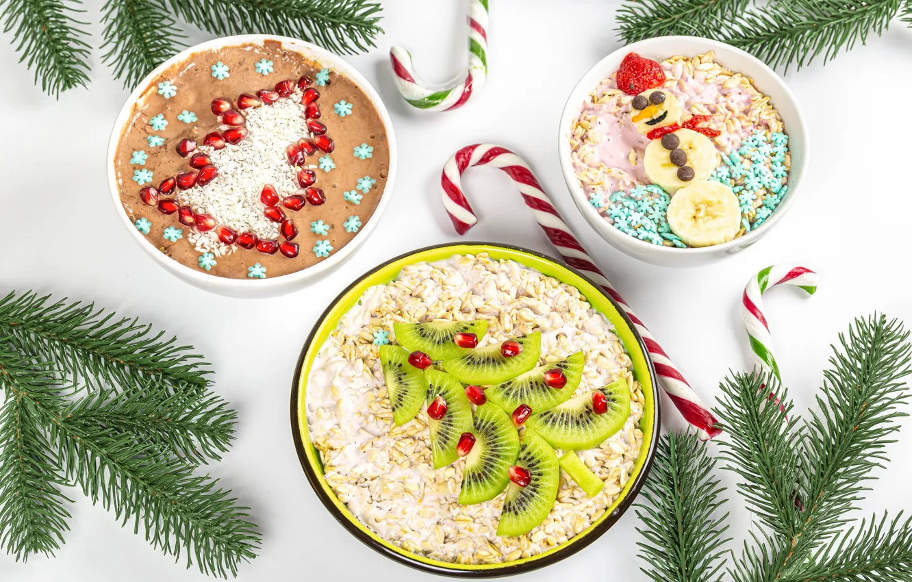 Фото обои ветки, елка, киви, конфеты, Новый год, фрукты, банан, Christmas