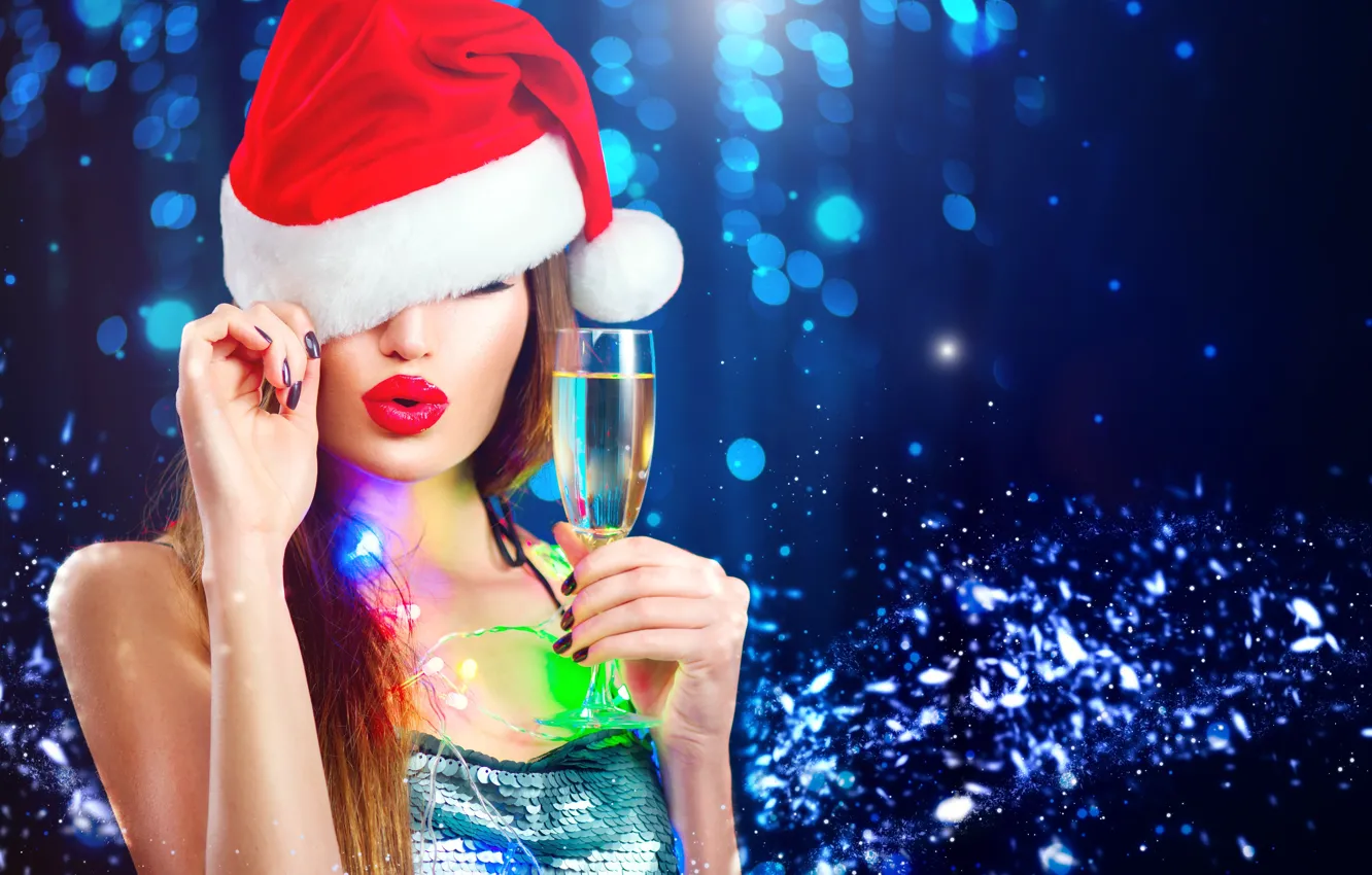 Фото обои девушка, бокал, макияж, Новый год, шампанское, боке, фотомодель, Анна Субботина