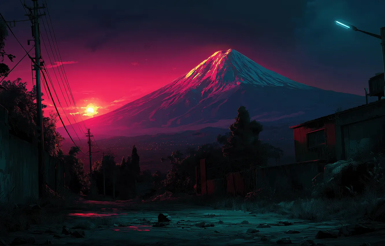 Фото обои природа, гора, red, Mount Fuji, ИИ арт, AI art