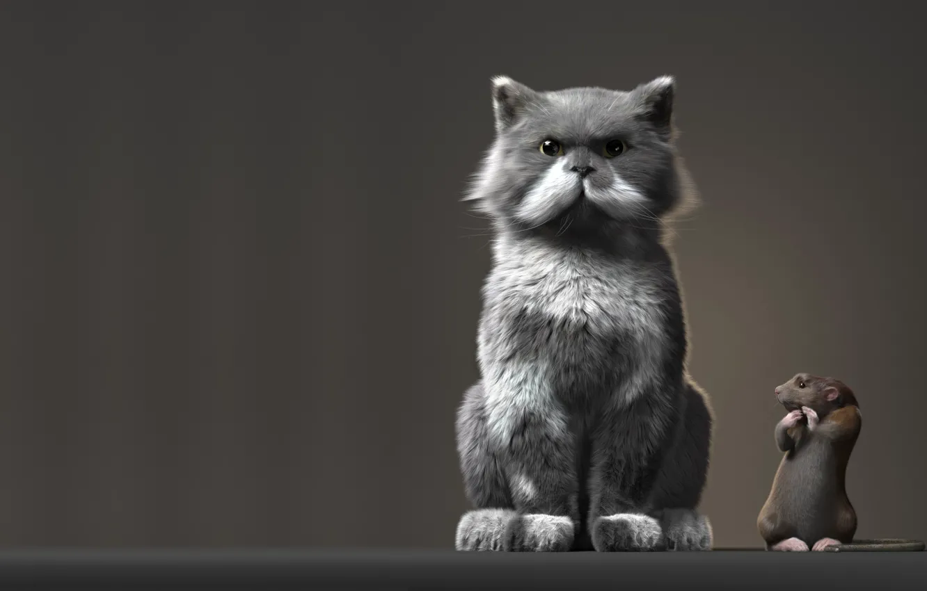 Фото обои кот, ситуация, арт, крыса, Рендеринг, Anton Osipkov, Rat and Cat