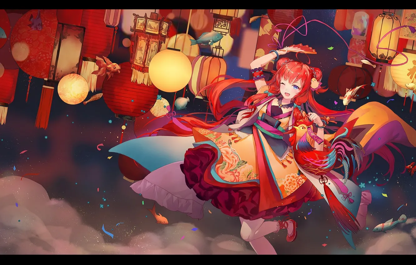 Фото обои небо, рыбки, танец, веер, фонари, рыжая, кимоно, жрица