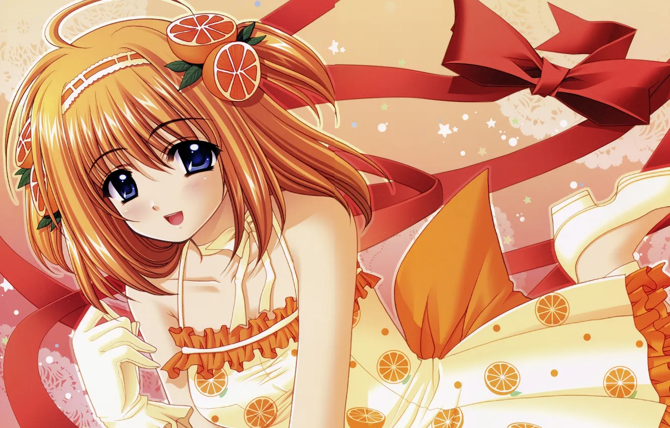 Фото обои апельсин, аниме, платье, заколка, ленточки, девущка, Kaede Fuyou, Shuffle