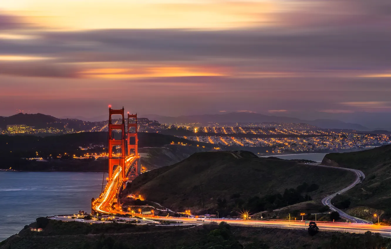 Фото обои облака, огни, утро, San Francisco, Сан - Франциско, Золотые ворота, the Golden Gate Bridge