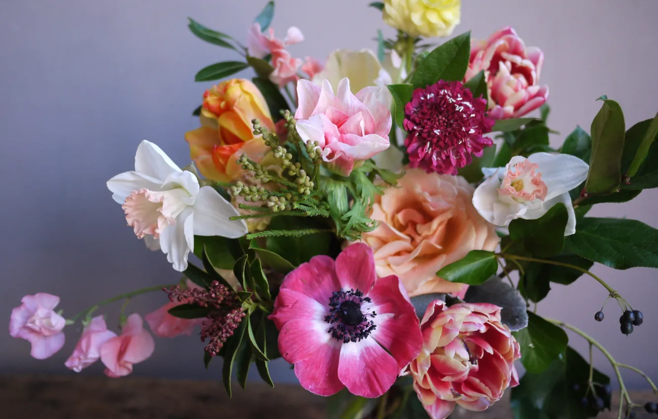 Фото обои тюльпан, букет, горошек, нарцисс, анемон