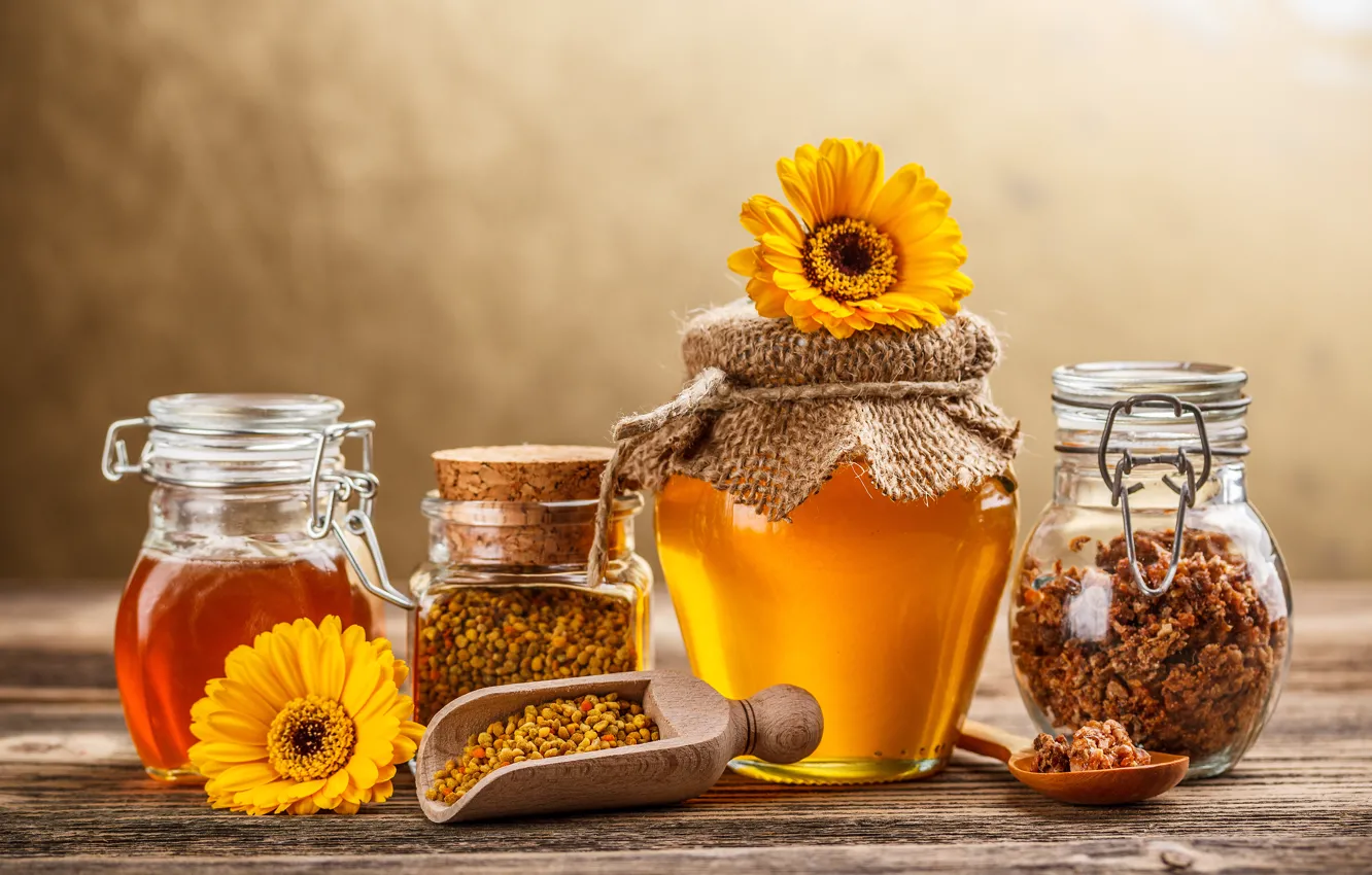 Фото обои цветы, желтый, мед, баночки, ложка, банка, сладкое, прополис