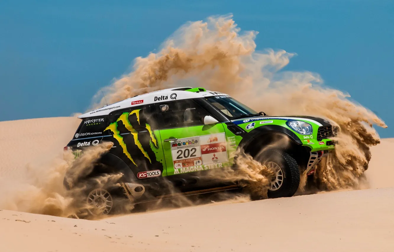Фото обои Песок, Пустыня, Зеленый, Mini Cooper, Rally, Dakar, Ралли, MINI