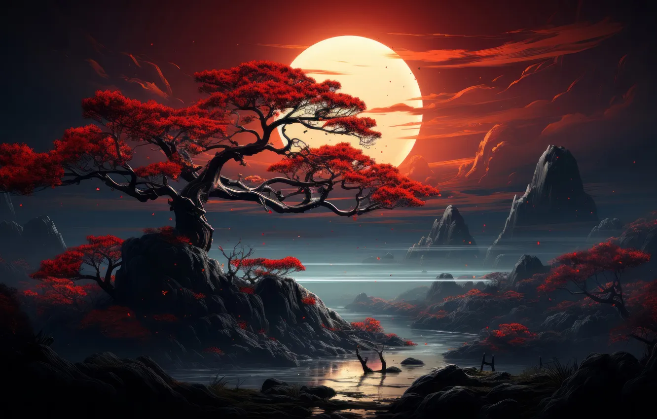 Фото обои Eastern, Foliage, Night, Crimson, Mystical