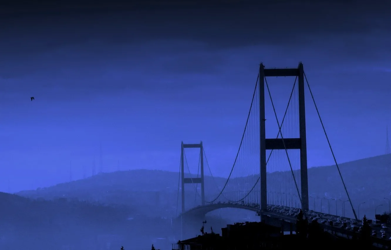 Фото обои синий, мост, река