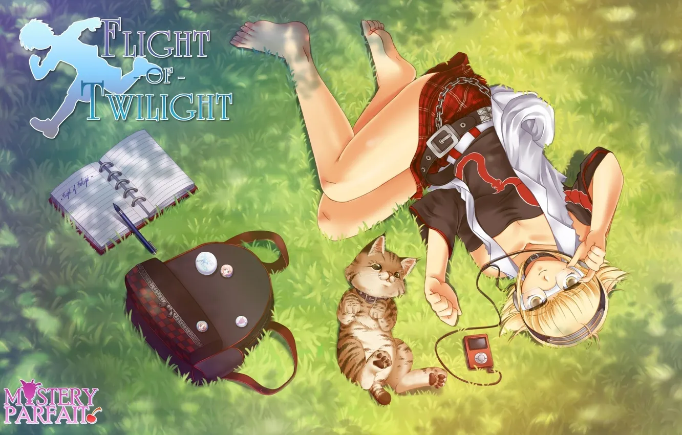 Фото обои кошка, музыка, аниме, наушники, девочка, сумка