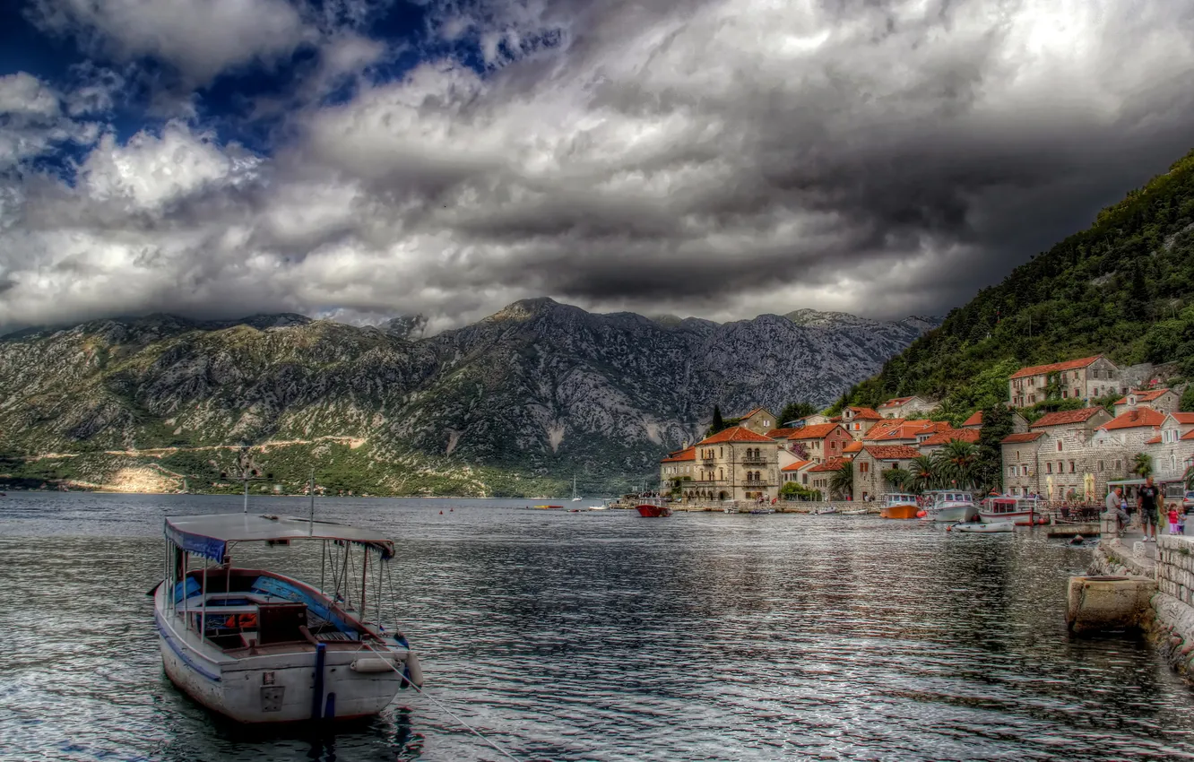 Фото обои город, фото, побережье, HDR, катера, Черногория, Perast