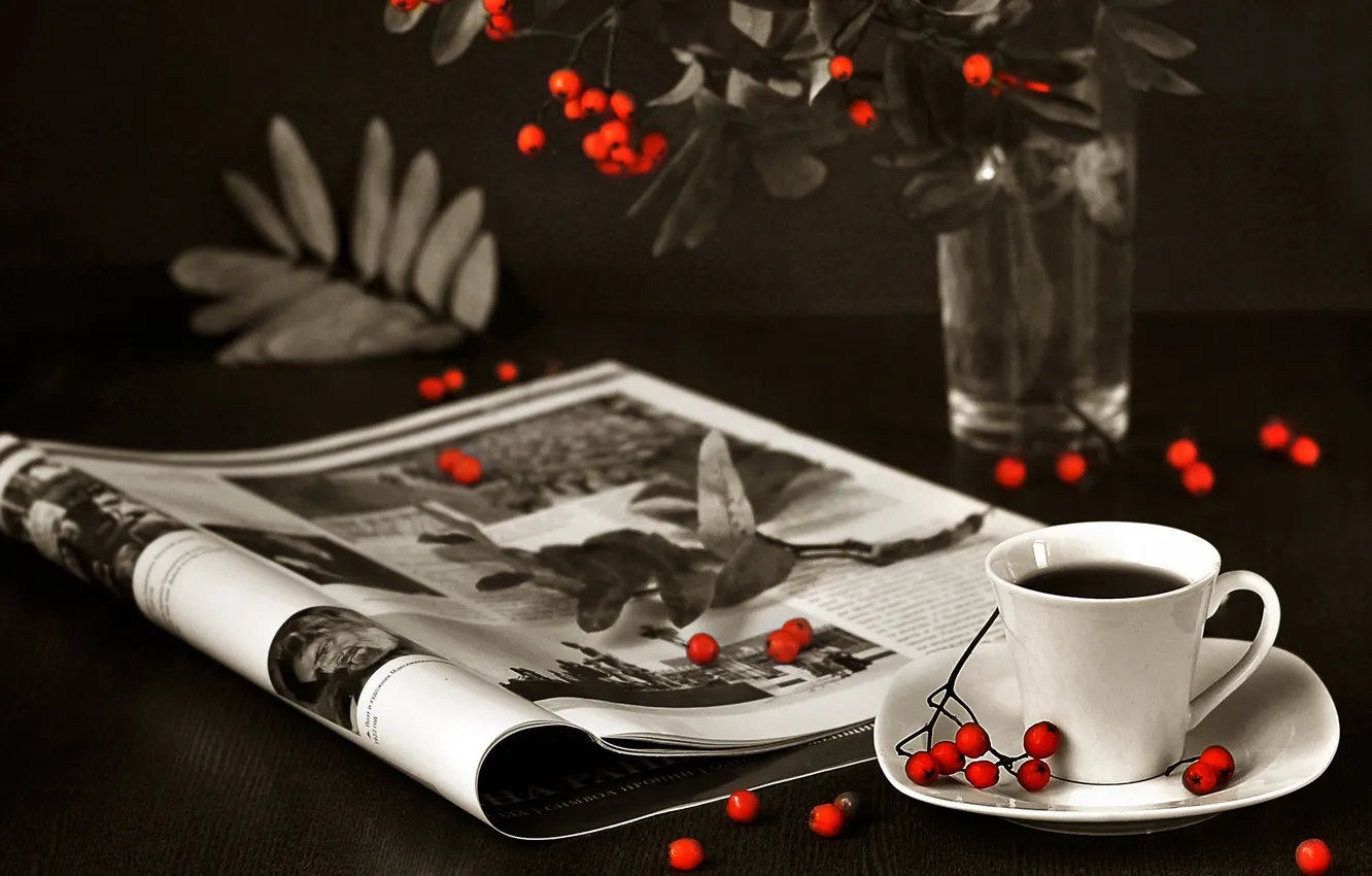 Фото обои ветки, ягоды, кофе, кружка, журнал