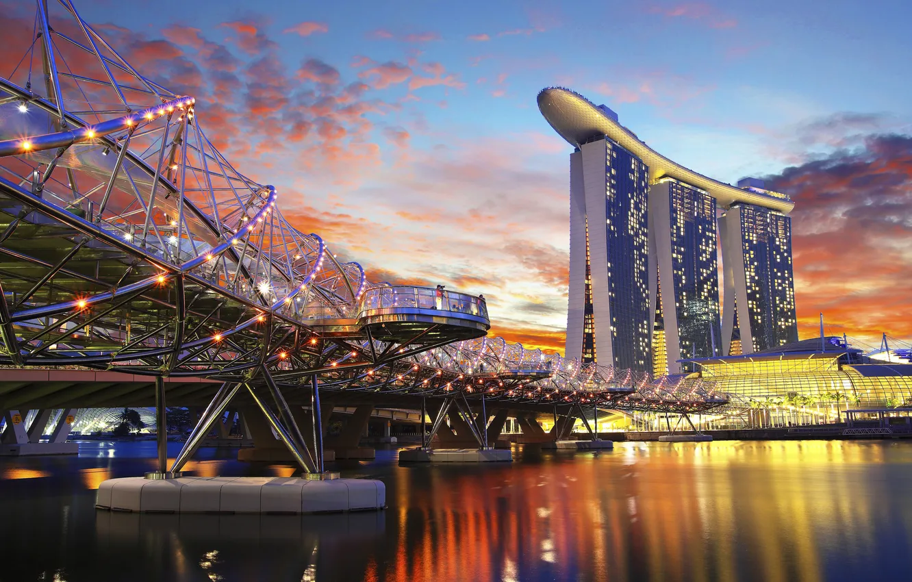 Фото обои вода, город, отражение, небоскребы, вечер, зарево, набережная, singapore