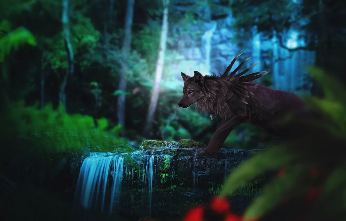 Фото обои лес, природа, волк, фэнтези, by Fiirewolf