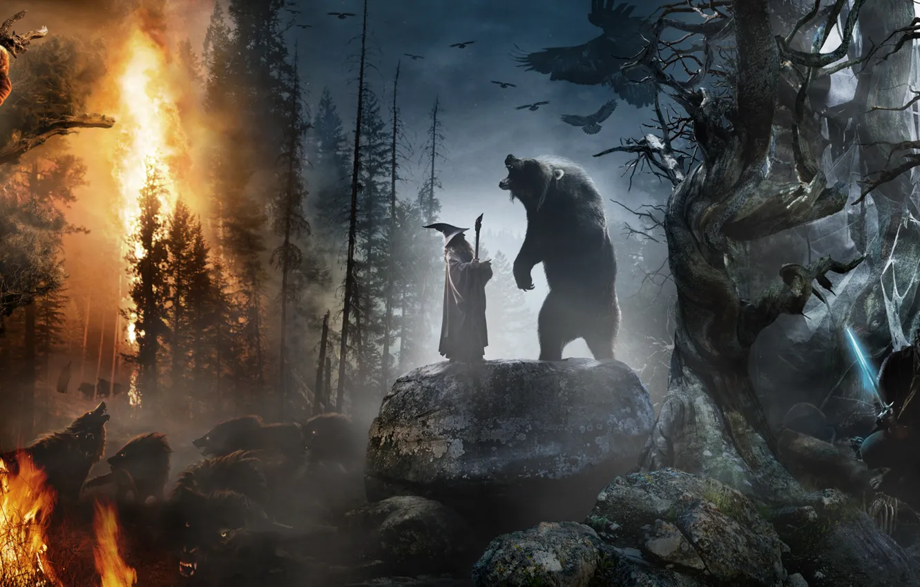 Фото обои лес, камни, звери, пожар, огонь, коллаж, меч, шляпа