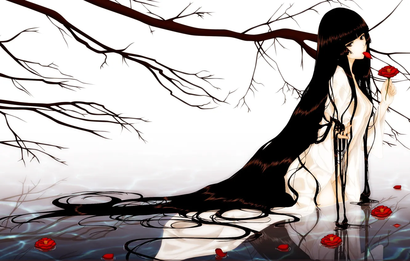 Фото обои вода, девушка, цветы, дерево, волосы, ветка, kara no shoujo