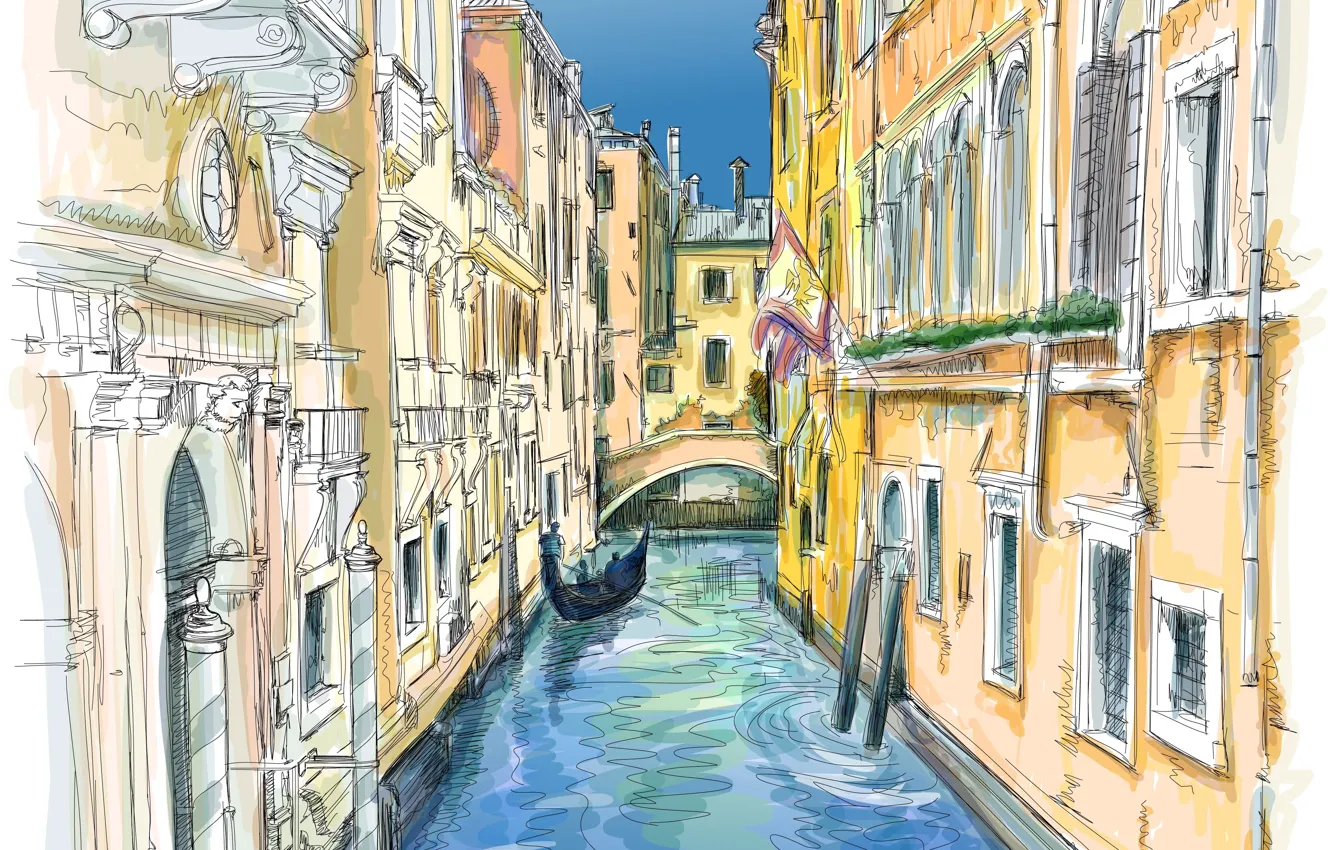 Фото обои люди, окна, дома, Венеция, канал, гондола