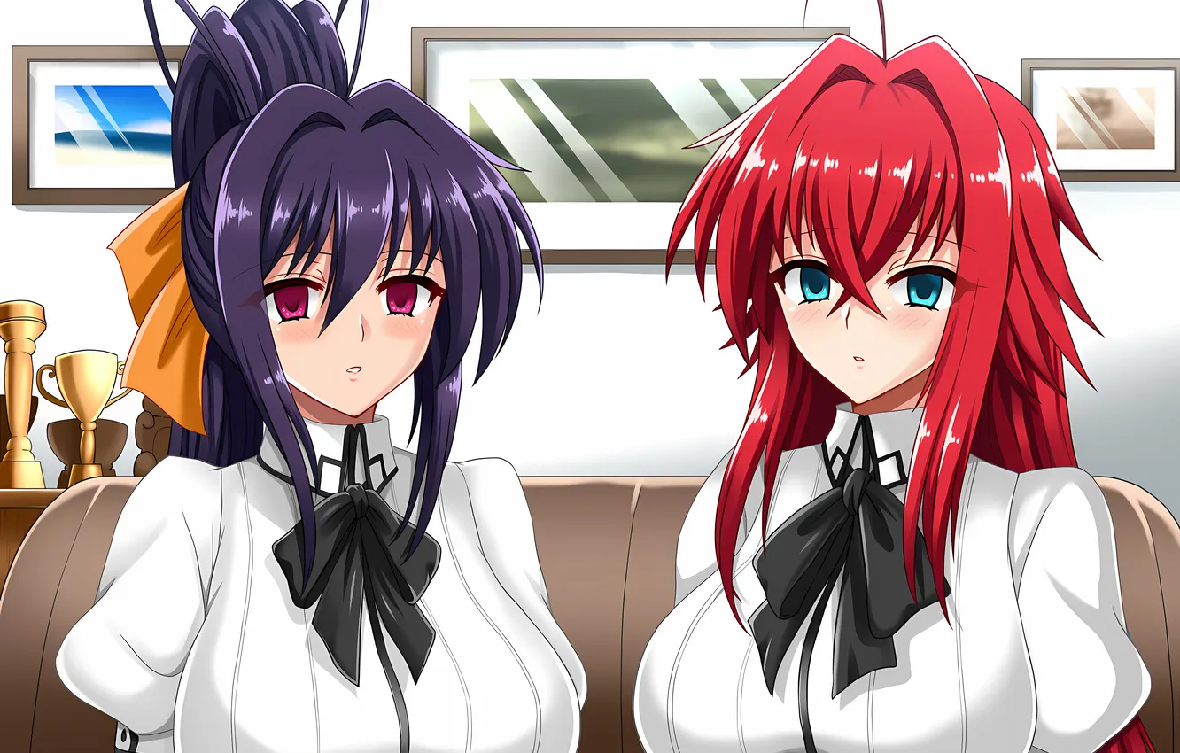 Фото обои school uniform, red hair, green eyes, long hair, girls, boobs, anime, beautiful