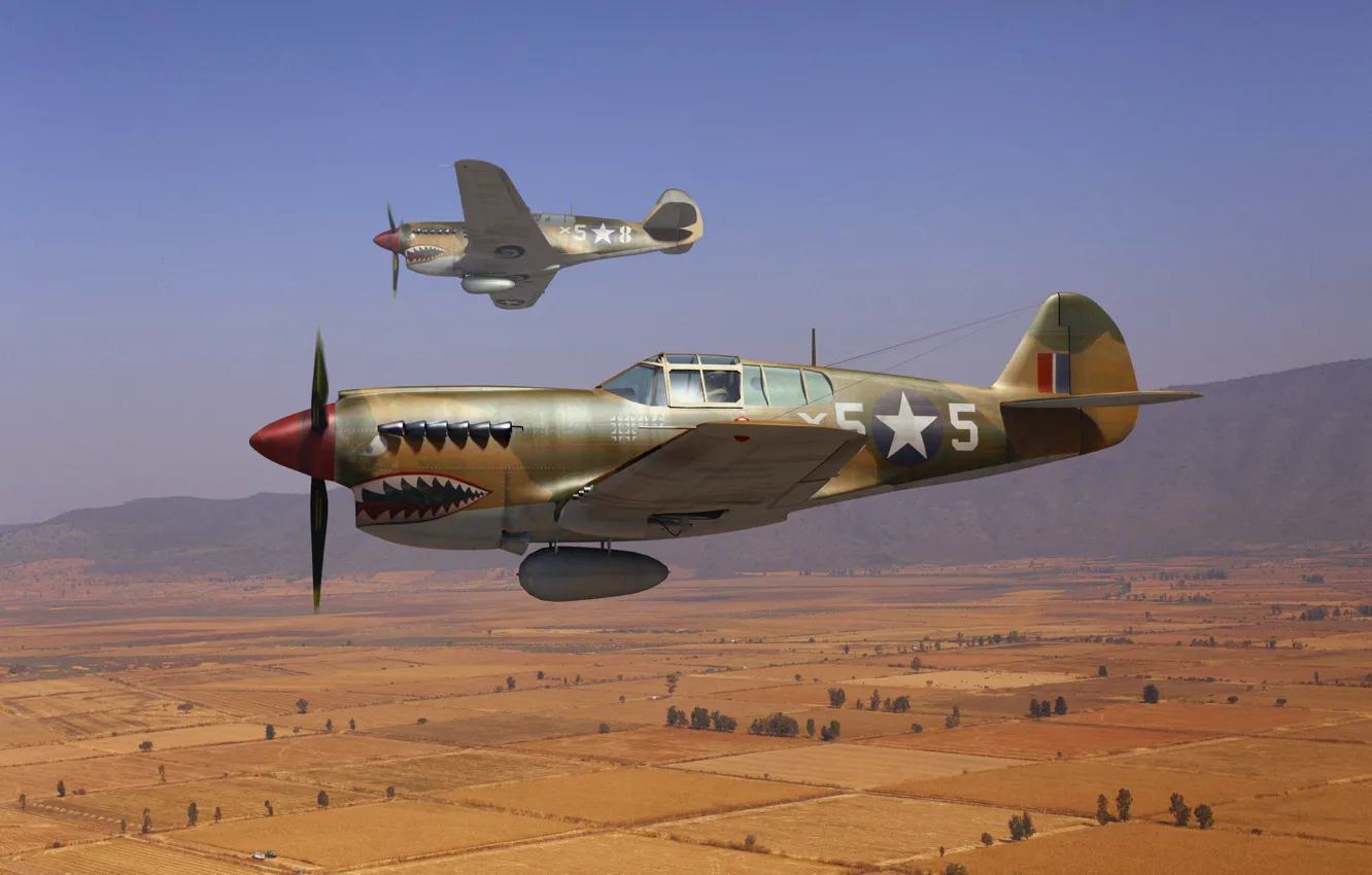 Фото обои небо, арт, истребители, ВВС Великобритании, WW2, американские, Curtiss P-40, (&ampquot;Kittyhawk&ampquot;)