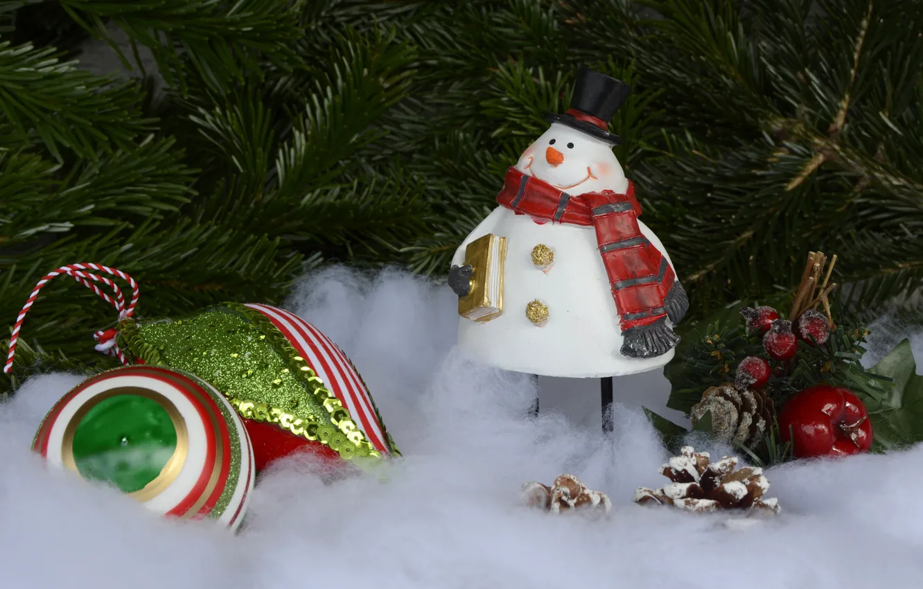Фото обои ветки, праздник, игрушка, игрушки, новый год, рождество, шляпа, снеговик