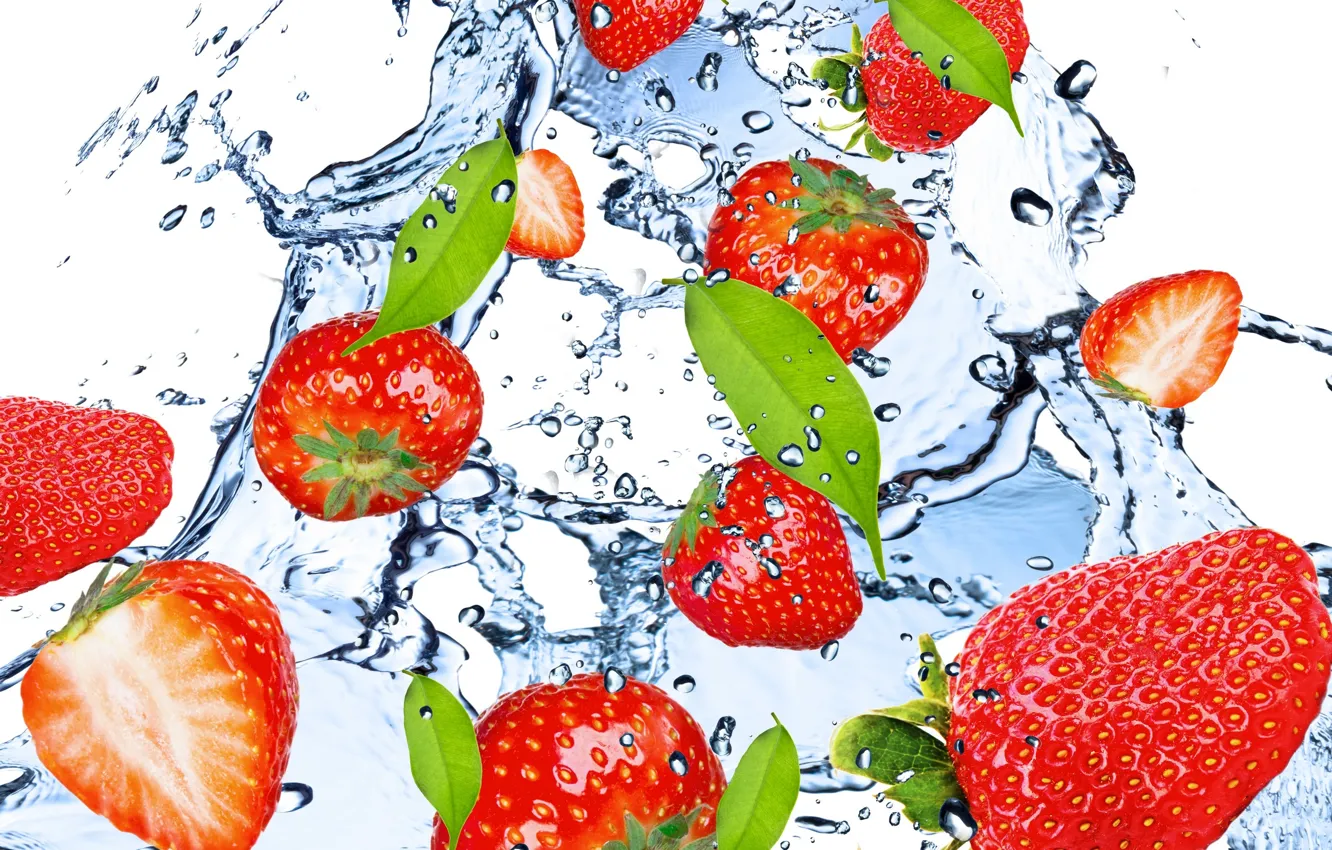 Фото обои вода, капли, брызги, свежесть, berry, клубника, ягода, red