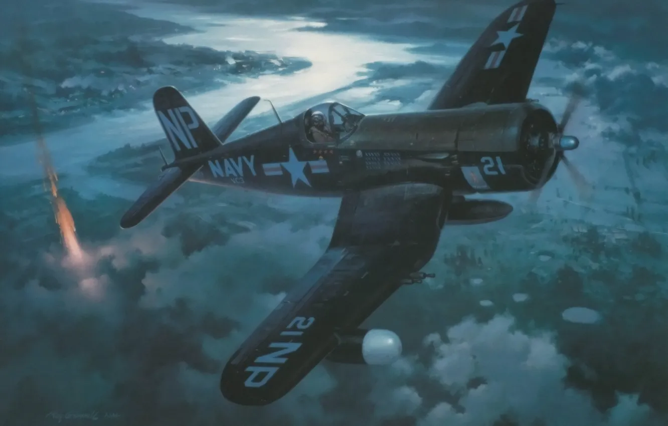 Фото обои aircraft, war, art, painting, aviation, ww2, Vought F4U Corsair, pacific fighter