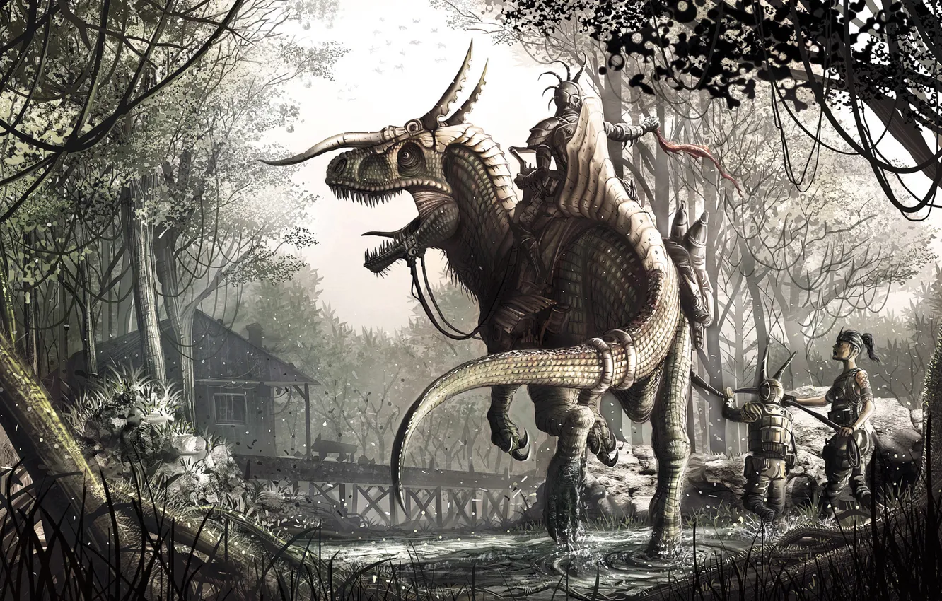 Фото обои дом, динозавр, доспехи, Лес, шипы, рога, наездники, водоем