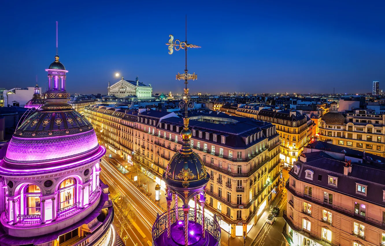 Фото обои город, Франция, Париж, вечер, подсветка, Paris, Опера Гарнье, архитектура