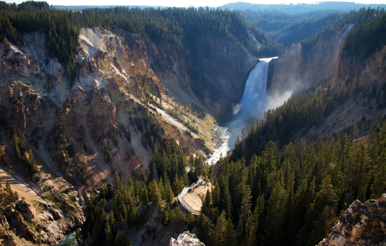 Фото обои горы, водопад, панорама, ущелье, США, леса, Йеллоустон