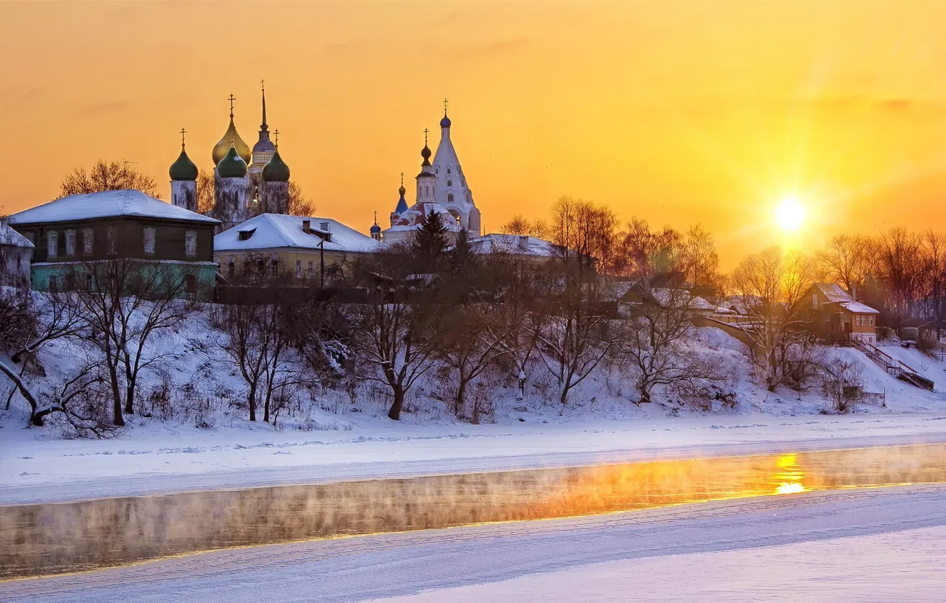 Фото обои зима, пейзаж, закат, река, храм