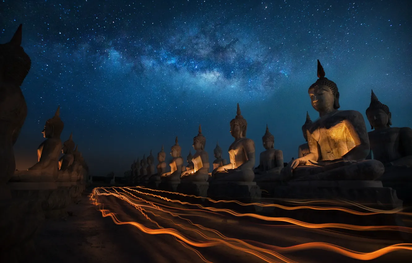 Фото обои Thailand, sky, night, Candly festival, Buddha statue