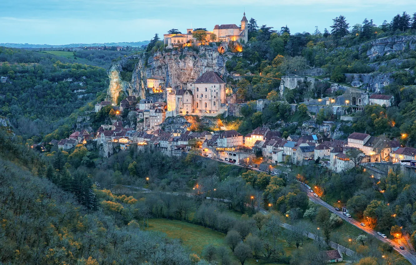 Фото обои France, коммуна, Rocamadour, Рокамадур, департамент Лот, Альзу река, Occitanie region, Parc Naturel Régional des Causses …