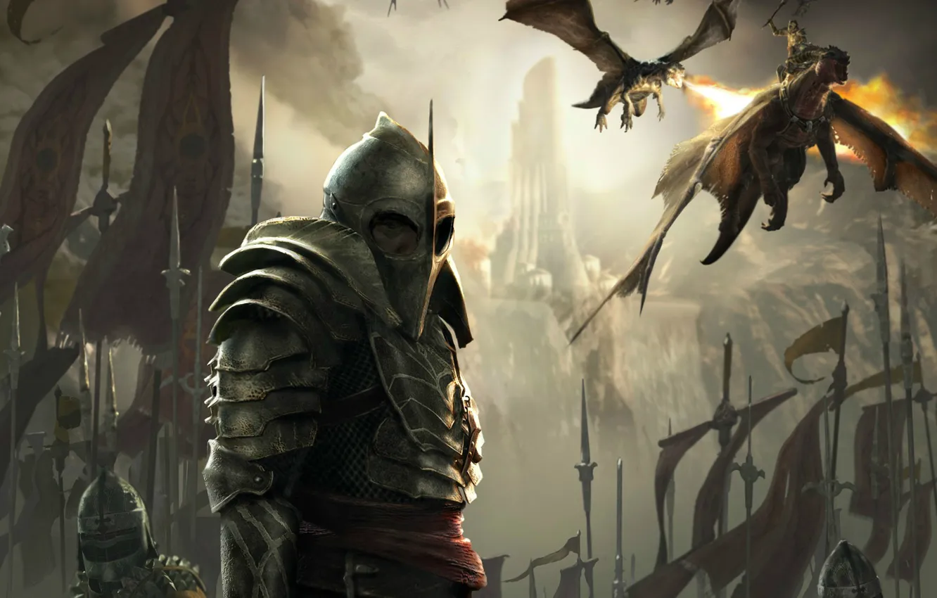 Фото обои скала, крылья, драконы, доспехи, воин, шлем, флаги, рыцарь