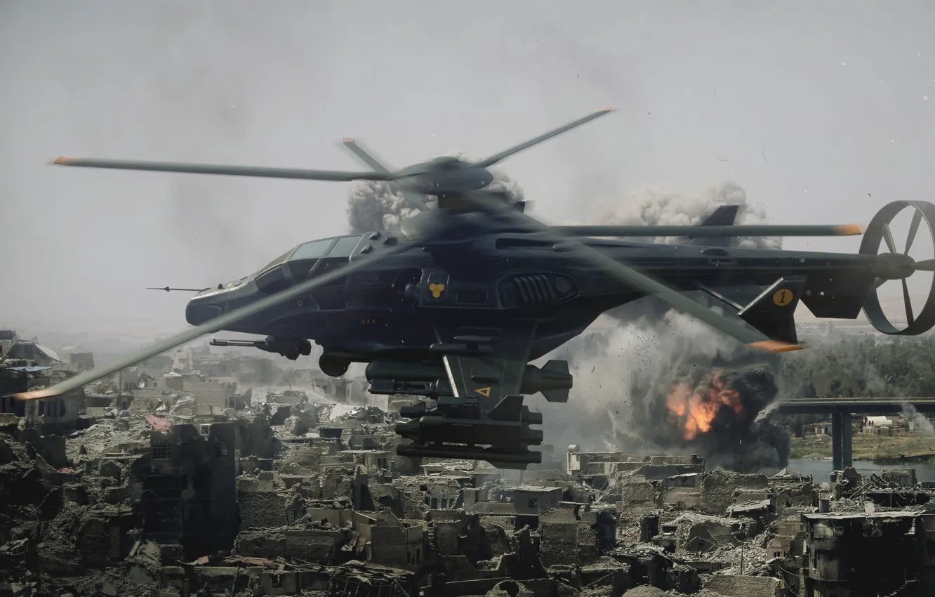 Фото обои вертолёт, руины, Military helicopter