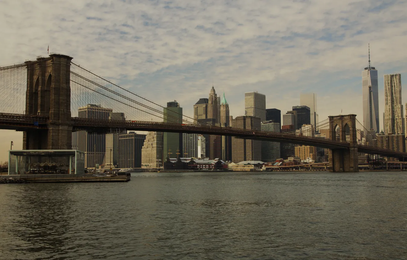 Фото обои USA, United States, bridge, Manhattan, NYC, Brooklyn Bridge, Hudson River, One World Trade Center