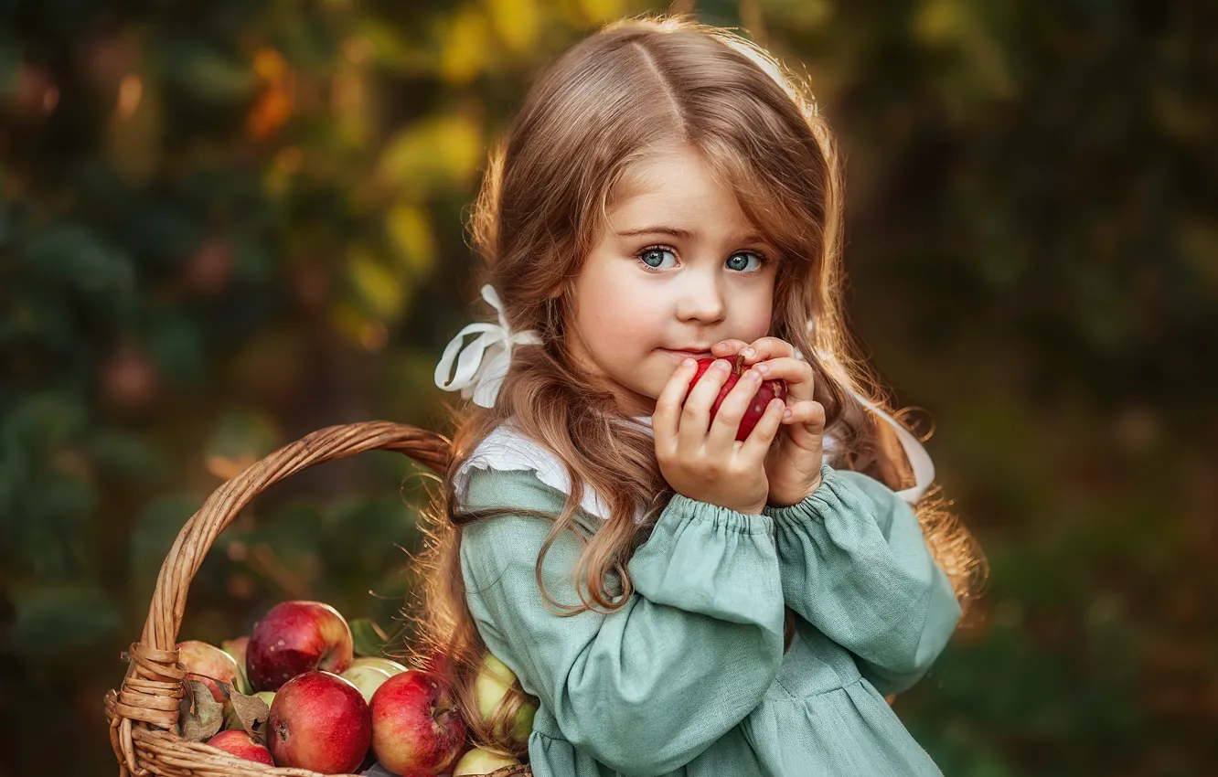 Фото обои взгляд, лицо, корзина, яблоки, руки, девочка, Ольга Додонова