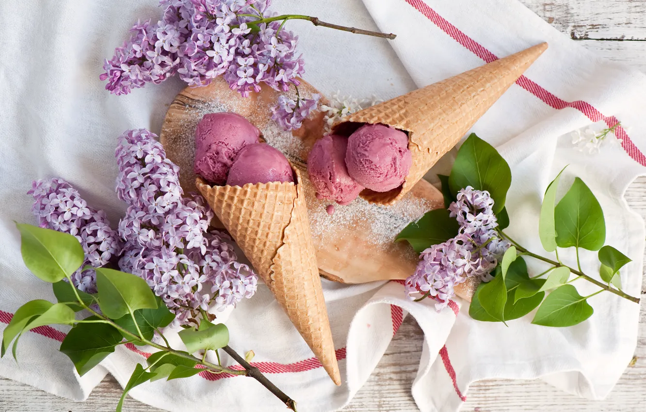 Фото обои мороженое, flowers, салфетка, ice cream, lilac, napkin, цветы сирени