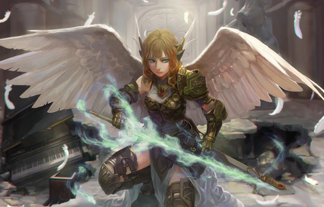 Фото обои девушка, ангел, меч, арт