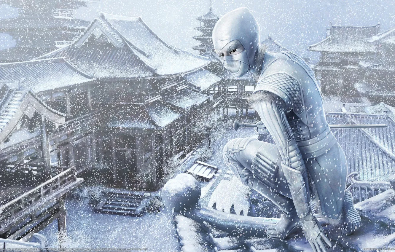 Фото обои зима, крыша, девушка, снег, азия, арт, ниндзя, steve argyle
