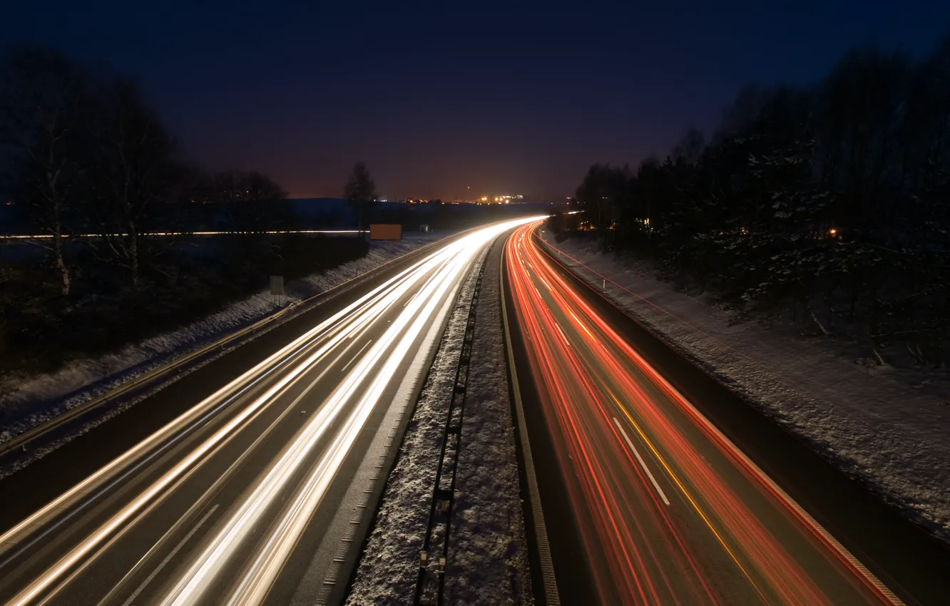 Фото обои City, Sky, Winter, Lights, Night, Snow, Trees, Highway