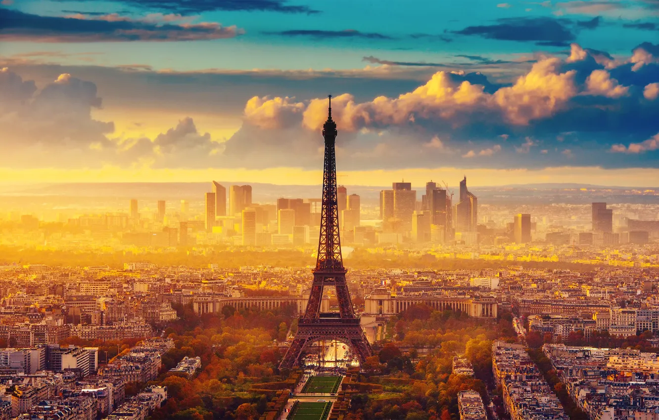 Фото обои осень, небо, облака, город, Франция, Париж, Эйфелева башня